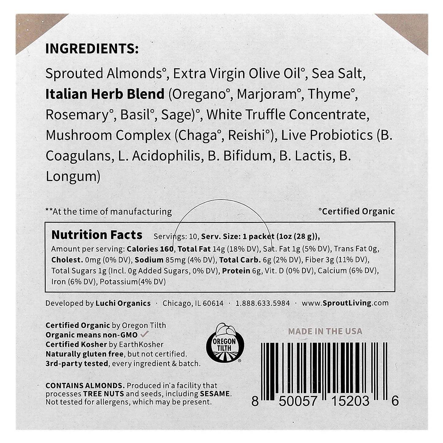 Sprout Living, Probiotic Almonds, Italian Truffle with Reishi + Chaga Mushrooms , 10 Packets, 1 oz (28 g) Each - Image 2