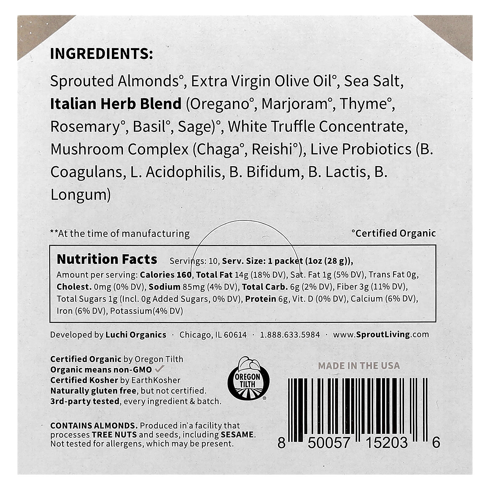 Sprout Living, Probiotic Almonds, Italian Truffle with Reishi + Chaga Mushrooms , 10 Packets, 1 oz (28 g) Each - Image 2