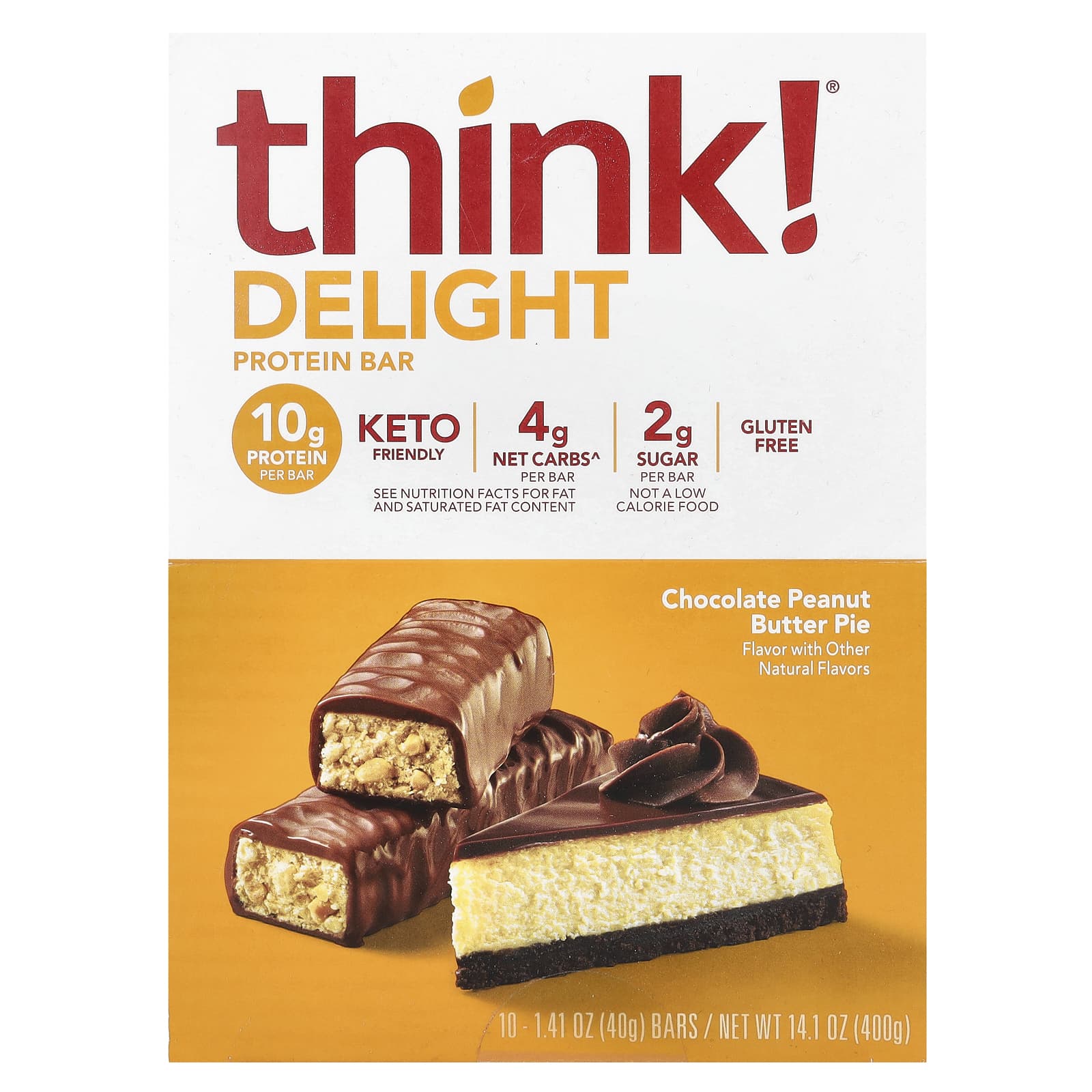 Think !, Delight Protein Bar, Chocolate Peanut Butter Pie , 10 Bars, 1.41 oz (40 g) Each - Image 1