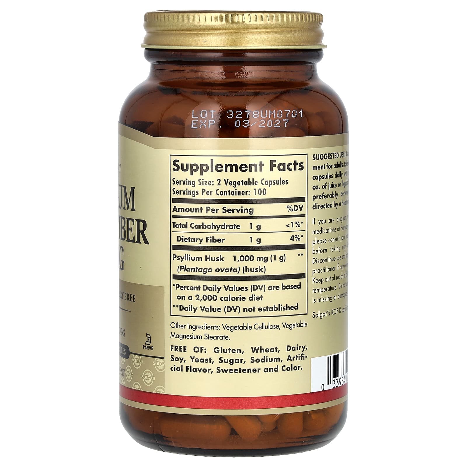 Solgar, Psyllium Husks Fiber, 200 Vegetable Capsules (500 mg per Capsule) - Image 2