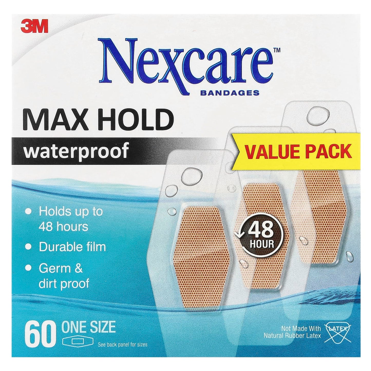 Nexcare, Waterproof Bandages, Max Hold, 60 One Size Bandages - Image 1