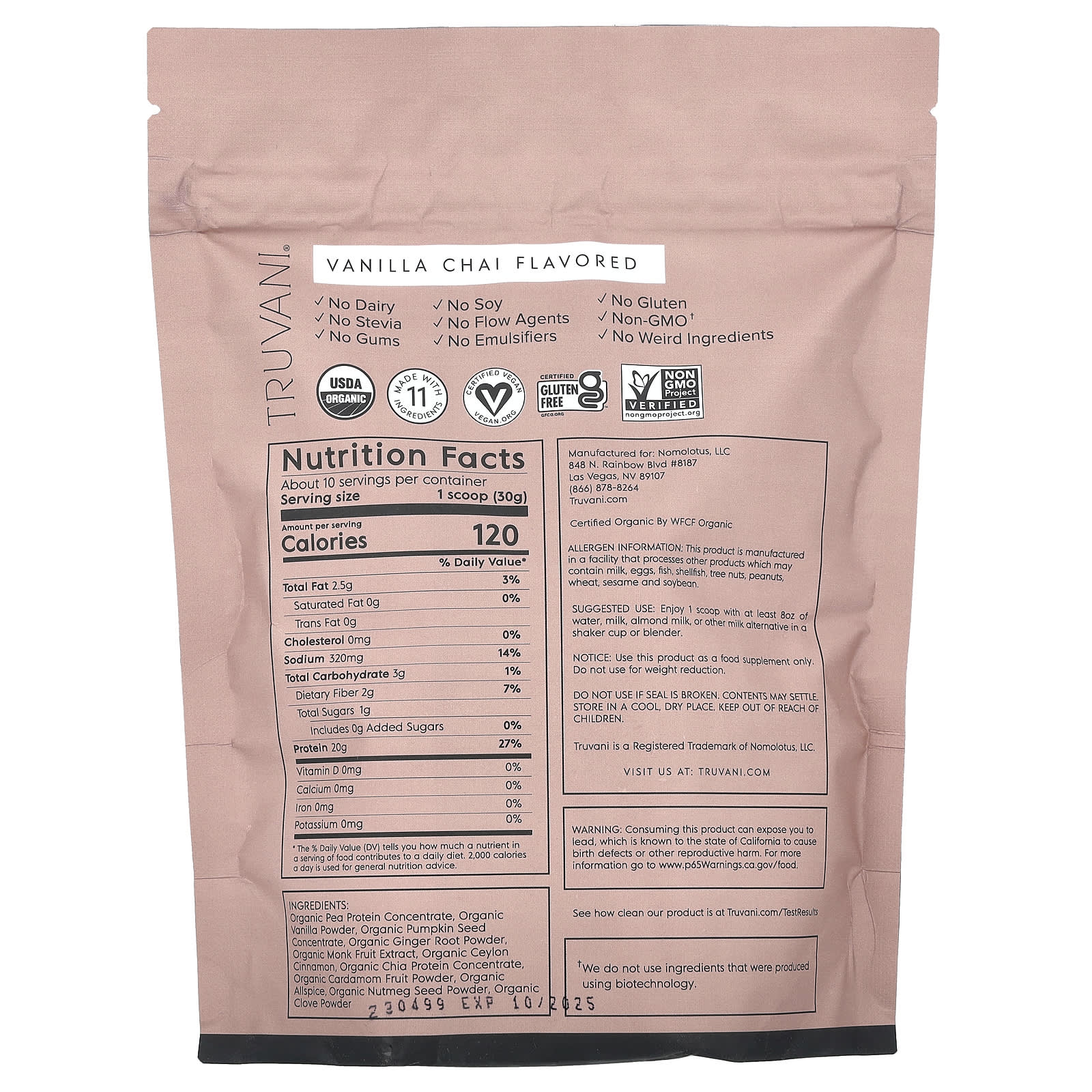Truvani, Plant Based Protein, Vanilla Chai, 10.79 oz (306 g) - Image 2