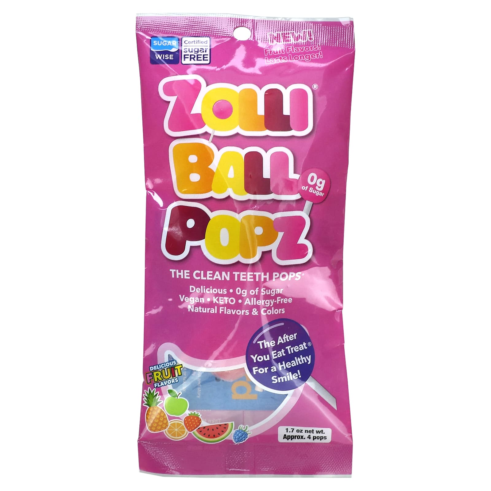 Zollipops, Zolli Ball Popz, The Clean Teeth Pops, Delicious Fruit, Approx. 4 pops, 1.7 oz - Image 1