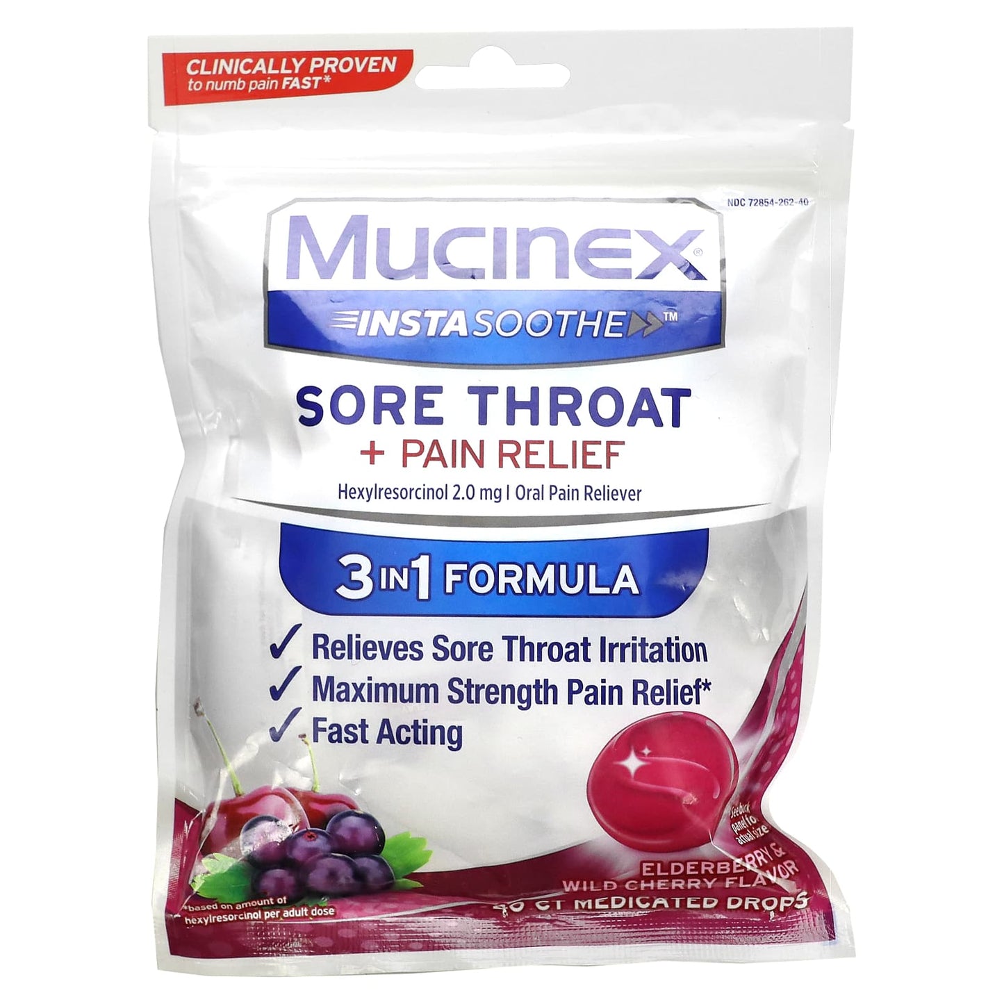 Mucinex, InstaSoothe, Sore Throat + Pain Relief, Elderberry & Wild Cherry, 2 mg, 40 Medicated Drops - Image 1