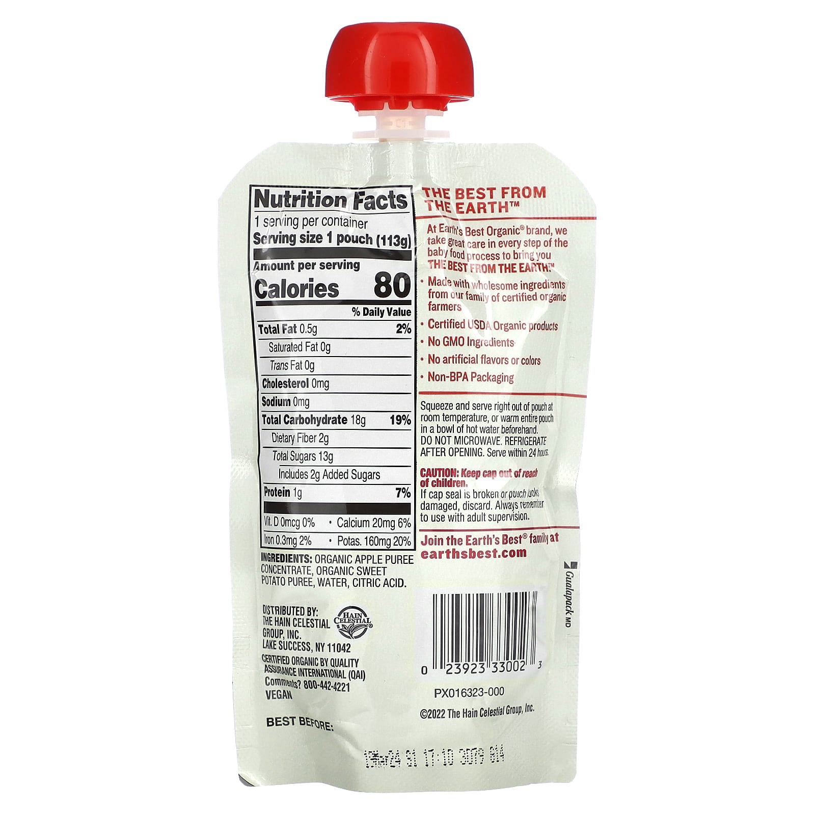 Organic Baby Food, Earth's Best Sweet Potato & Apple, 6+ Months, 4 oz - Image 2
