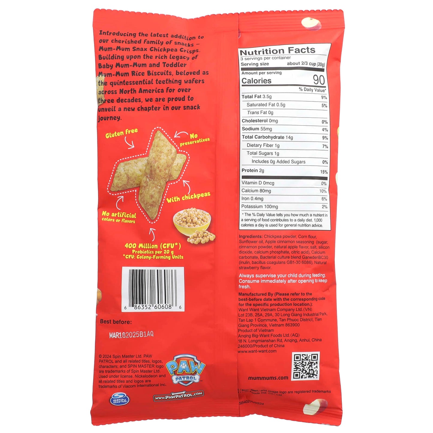 Hot Kid Mum-Mum Snax Chickpea Crisps - Apple Cinnamon, Paw Patrol - Image 2