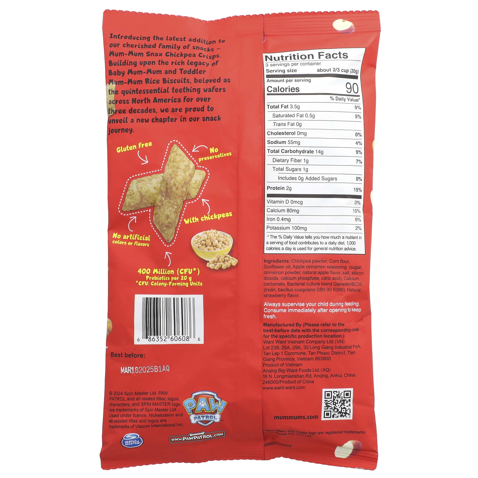 Hot Kid Mum-Mum Snax Chickpea Crisps - Apple Cinnamon, Paw Patrol - Image 2