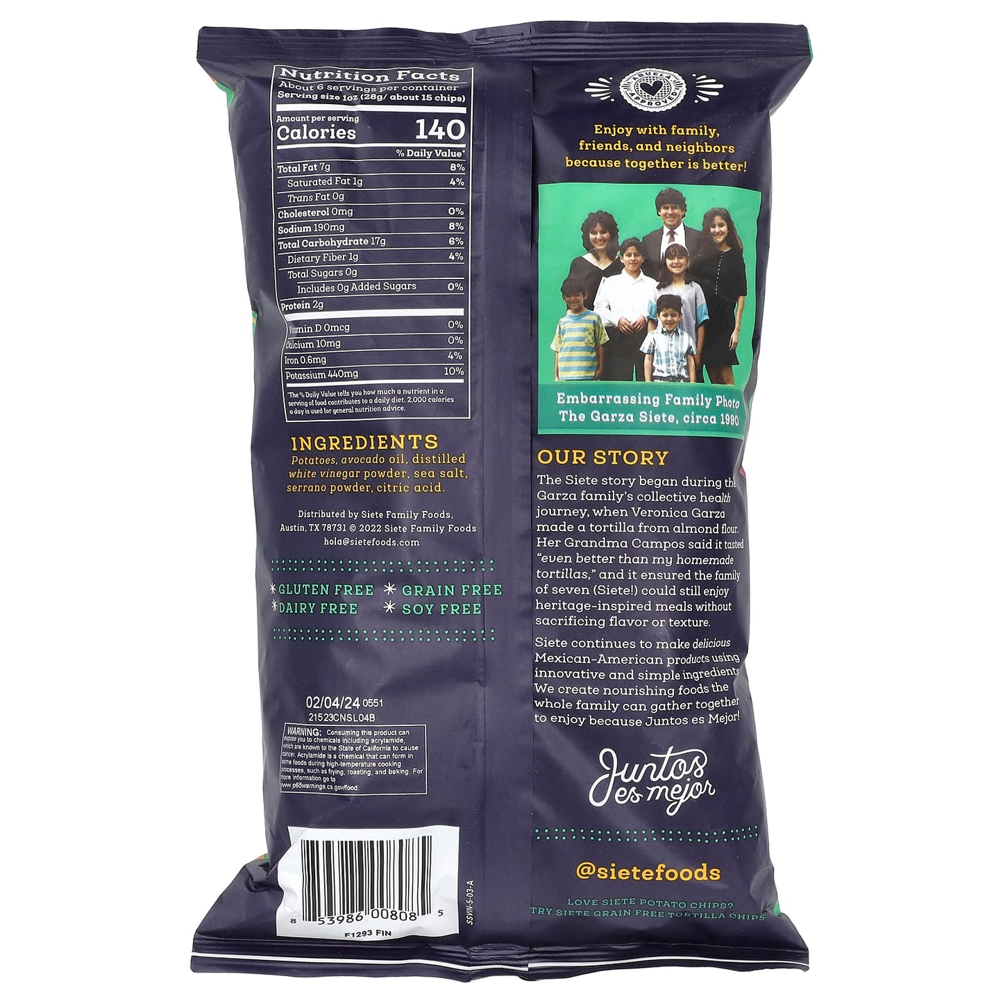 Siete, Potato Chips, Hint of Serrano Sea Salt & Vinegar , 5.5 Oz ( 156 g) - Image 2