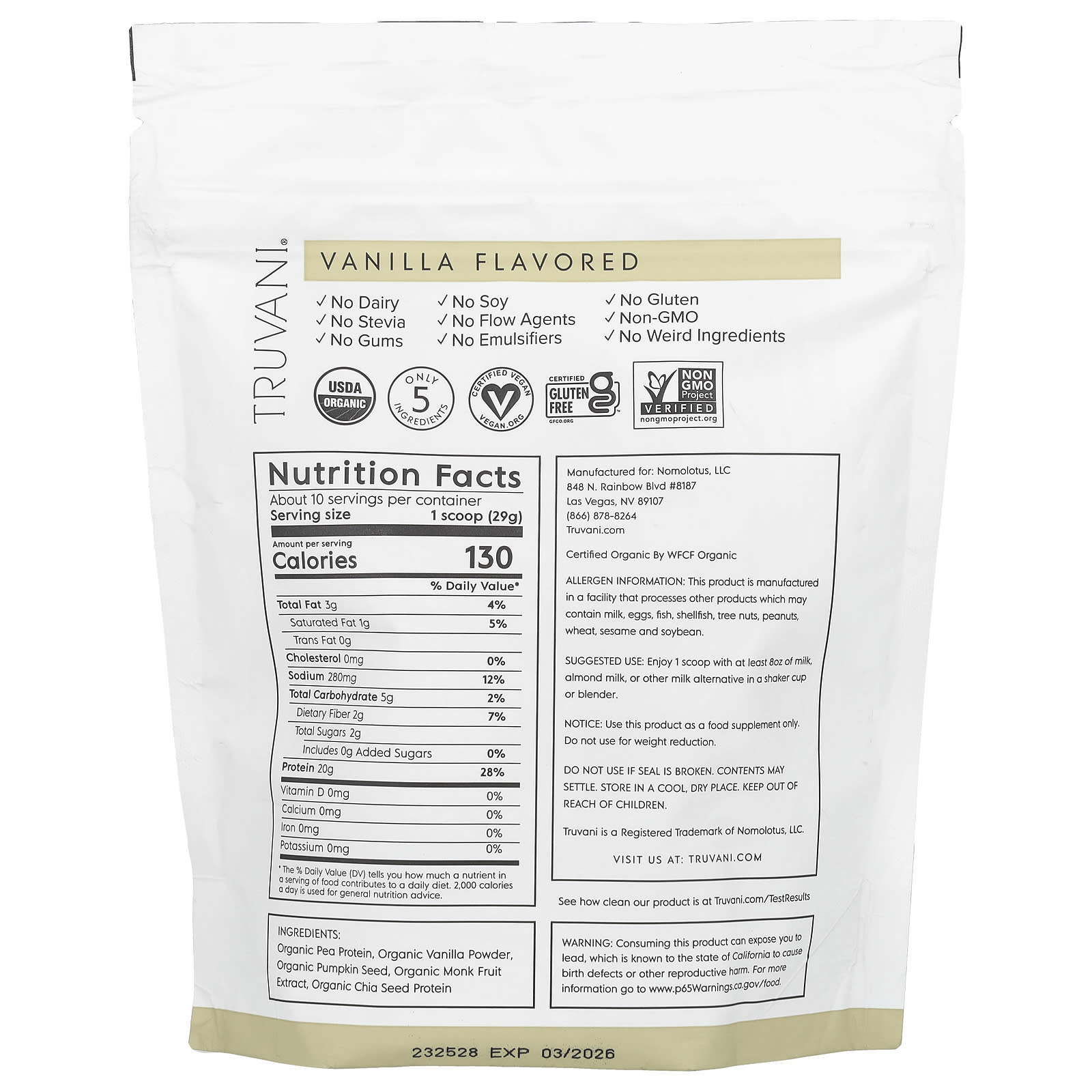 Truvani, Plant Based Protein, Vanilla, 0.65 lbs (297 g) - Image 2