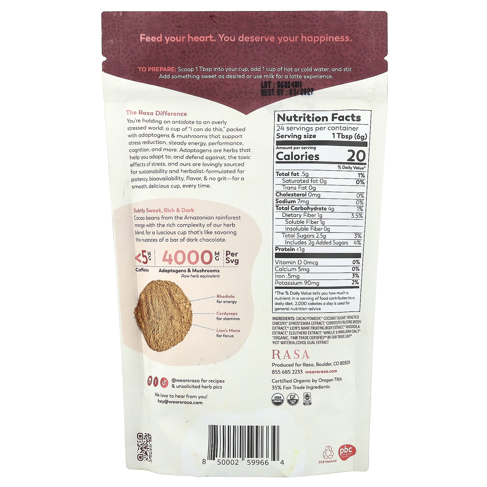 Rasa, Adaptogen & Mushroom Coffee Alternative, Instant, Cacao Noir, 5 oz (144 g) - Image 2
