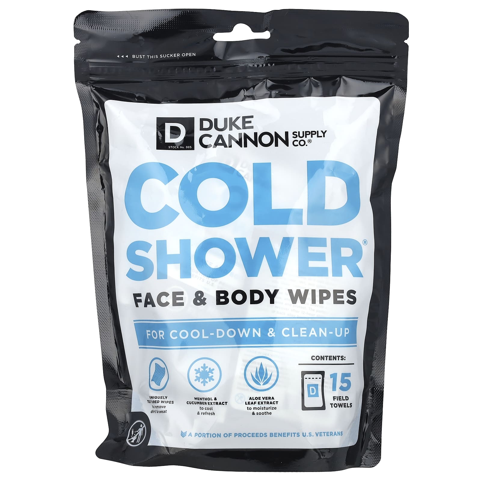 Duke Cannon Cold Shower Face & Body Wipes for Men, 15 Field Towels - Image 1