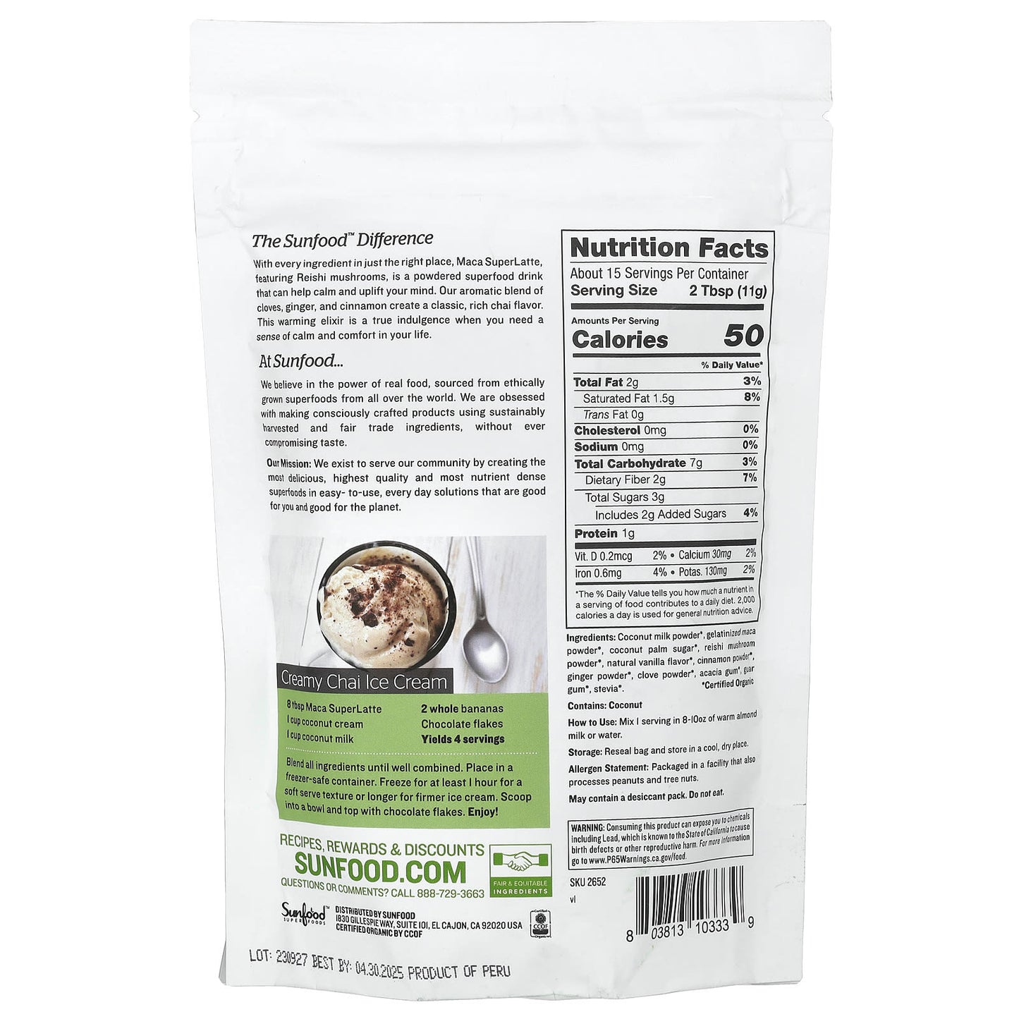 Sunfood, Organic Maca Superlatte, 6 oz (170 g) - Image 2