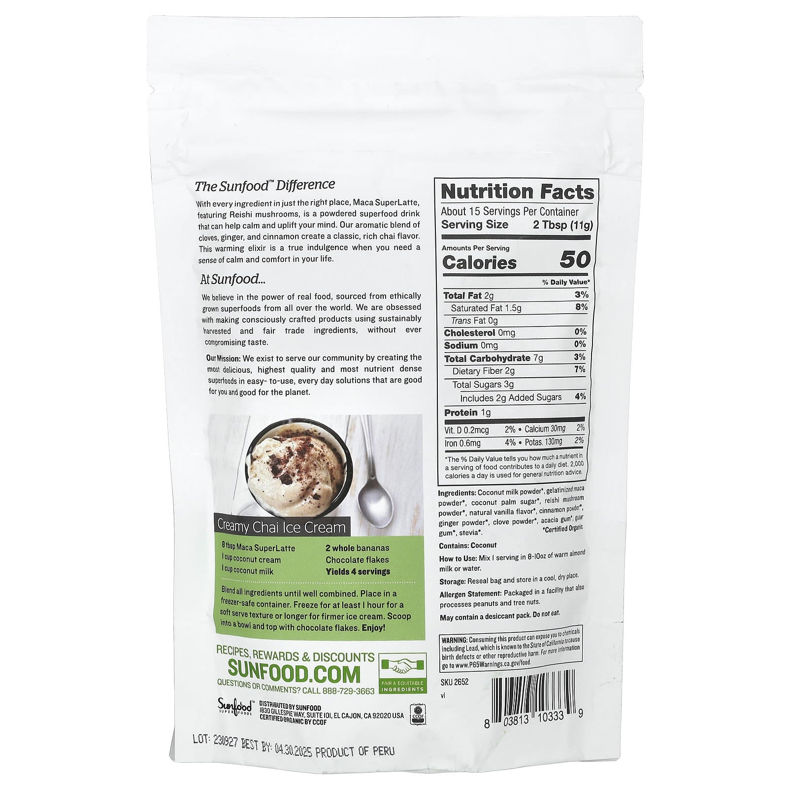 Sunfood, Organic Maca Superlatte, 6 oz (170 g) - Image 2
