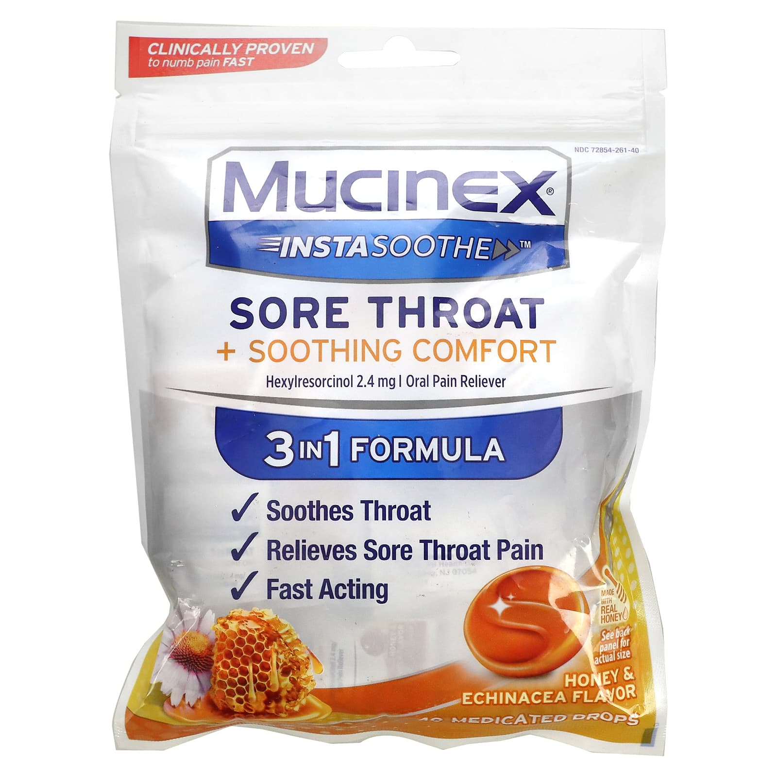 Mucinex, InstaSoothe, Sore Throat + Soothing Comfort, Honey & Echinacea, 40 Medicated Drops - Image 1