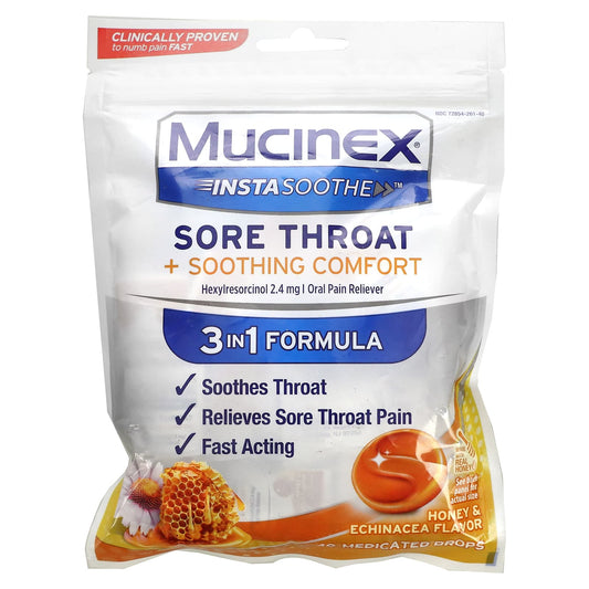 Mucinex, InstaSoothe, Sore Throat + Soothing Comfort, Honey & Echinacea, 40 Medicated Drops - Image 1