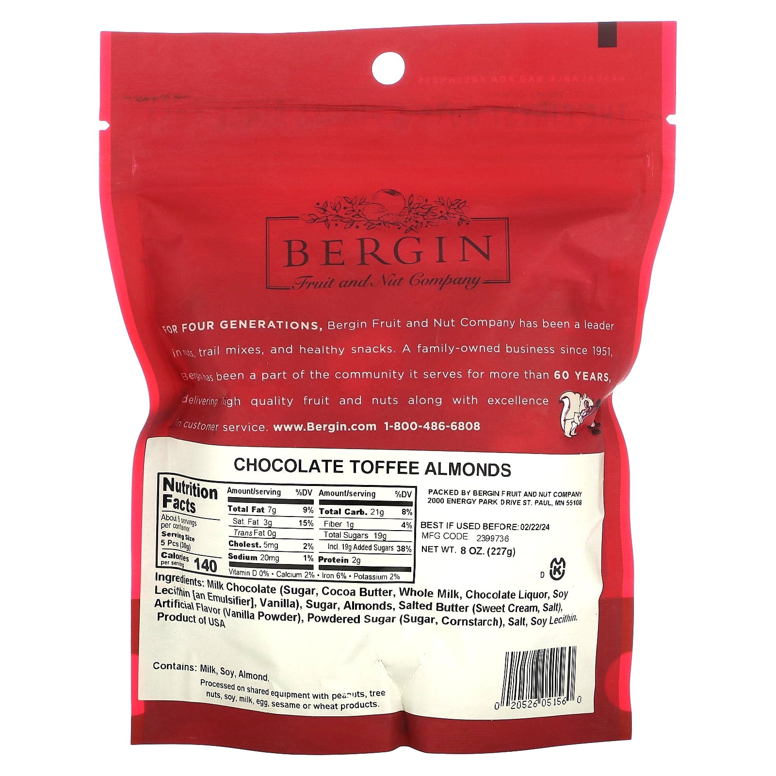 Bergin Chocolate Toffee Almonds, 8 oz Resealable Bag - Image 2