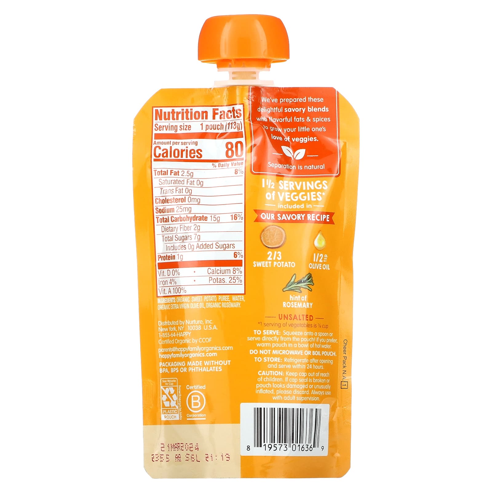 Happy Family Organics, Baby Food, Sweet Potato, 6+ Months, USDA Organic - Image 2