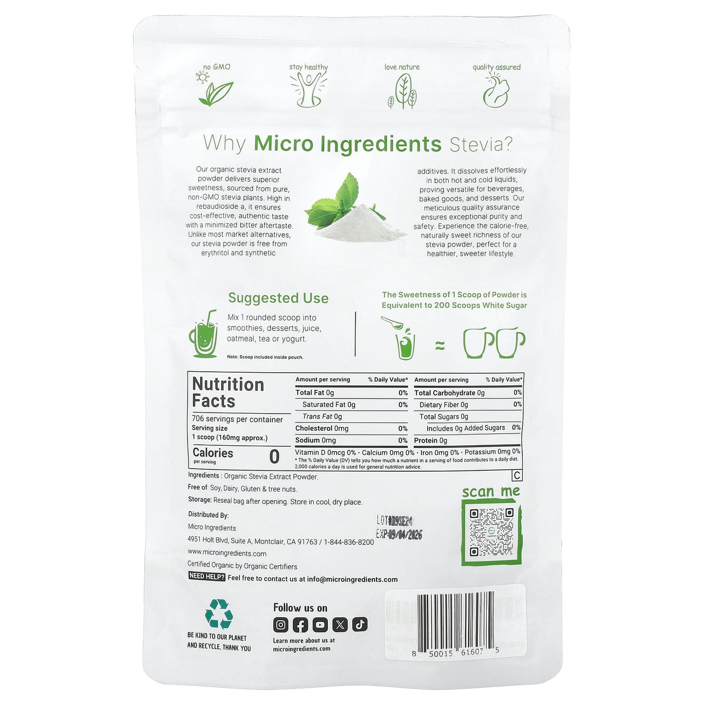 Micro Ingredients, Organic Stevia Extract, 4 oz (113 g) - Image 2