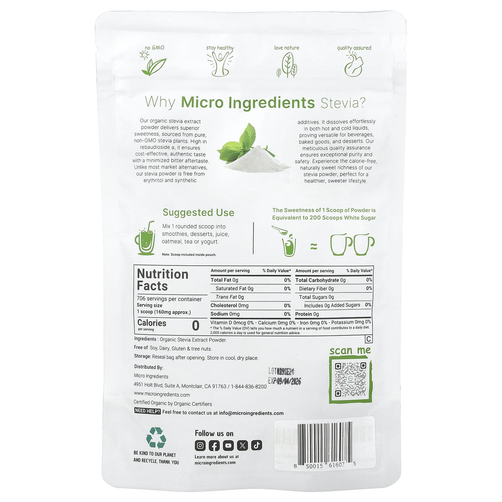 Micro Ingredients, Organic Stevia Extract, 4 oz (113 g) - Image 2