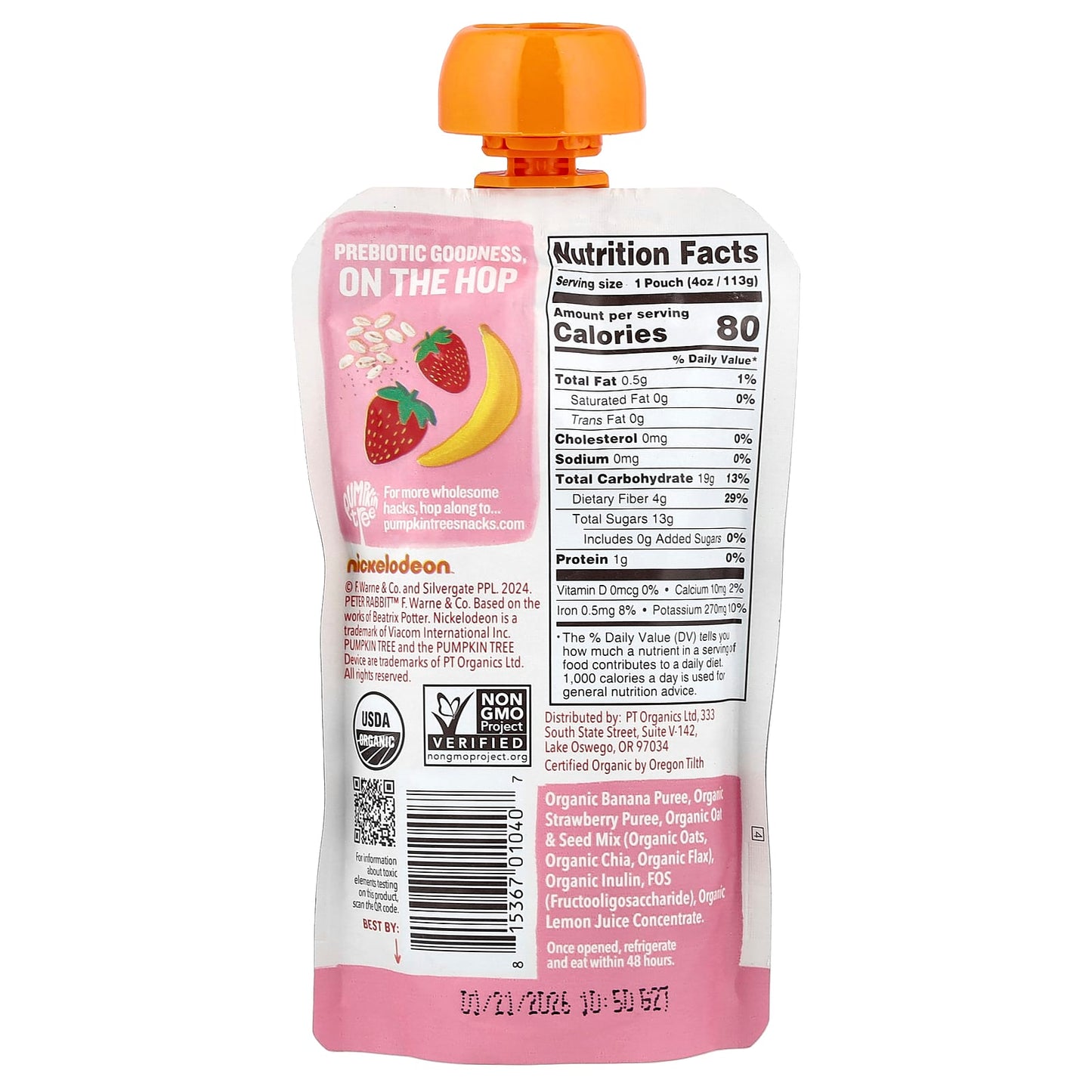 Pumpkin Tree Organics, Peter Rabbit™ Organics, Organic Fruit Puree, Super Oats & Seeds, Banana & Strawberry, 4 oz (113 g) - Image 2