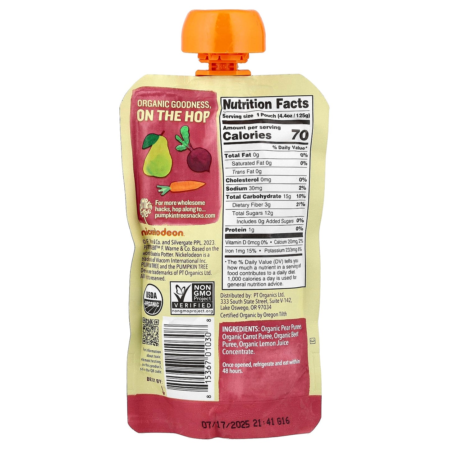 Pumpkin Tree Organics, Peter Rabbit™ Organics, Organic Fruit & Vegetable Puree, Pear, Carrot & Beet, 4.4 oz (125 g) - Image 2