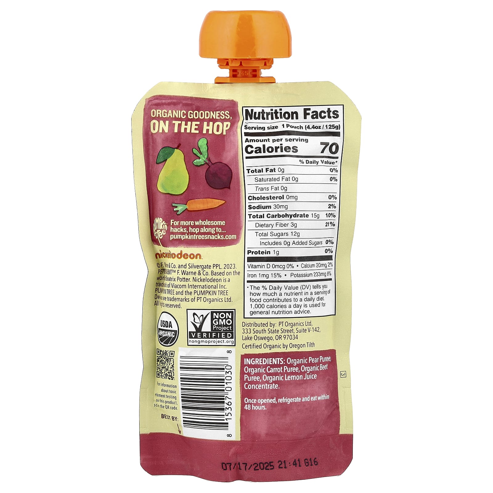 Pumpkin Tree Organics, Peter Rabbit™ Organics, Organic Fruit & Vegetable Puree, Pear, Carrot & Beet, 4.4 oz (125 g) - Image 2