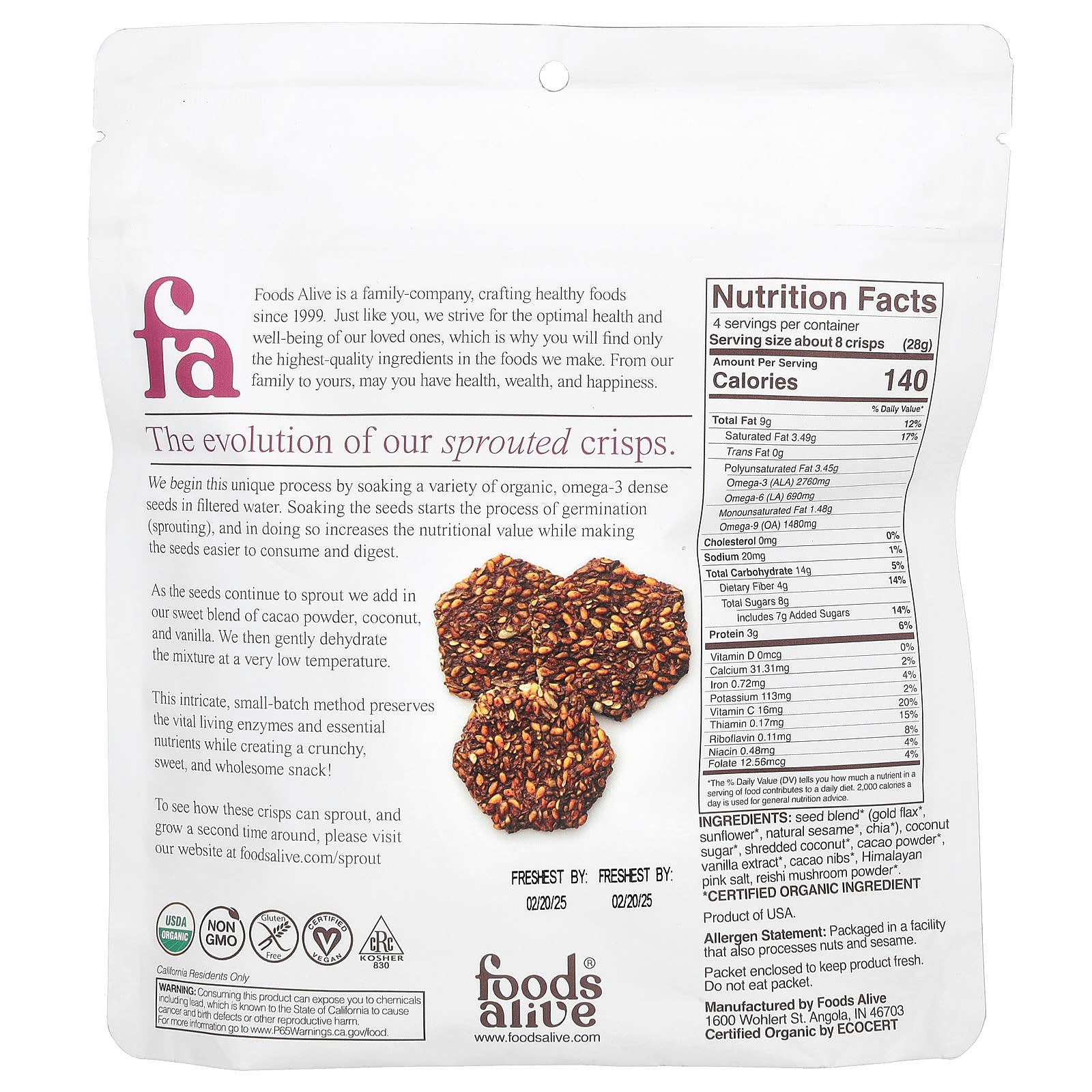 Vegan Sprouted Crisps with Cocoa & Coconut by Foods Alive - 4oz - Image 2