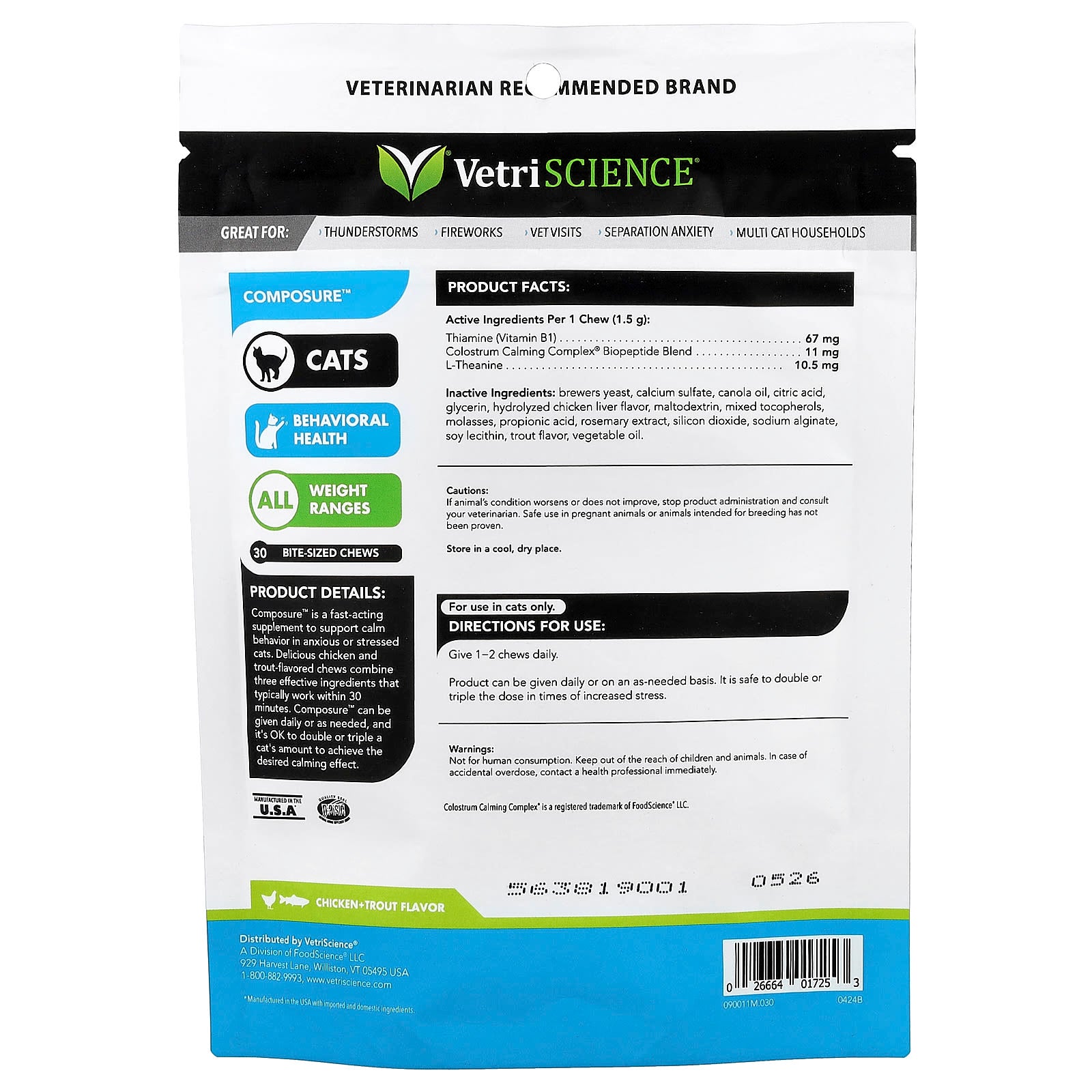 Vetriscience, Composure™, For All Cats, Chicken + Trout, 30 Bite-Sized Chews, 1.59 oz (45 g) - Image 2