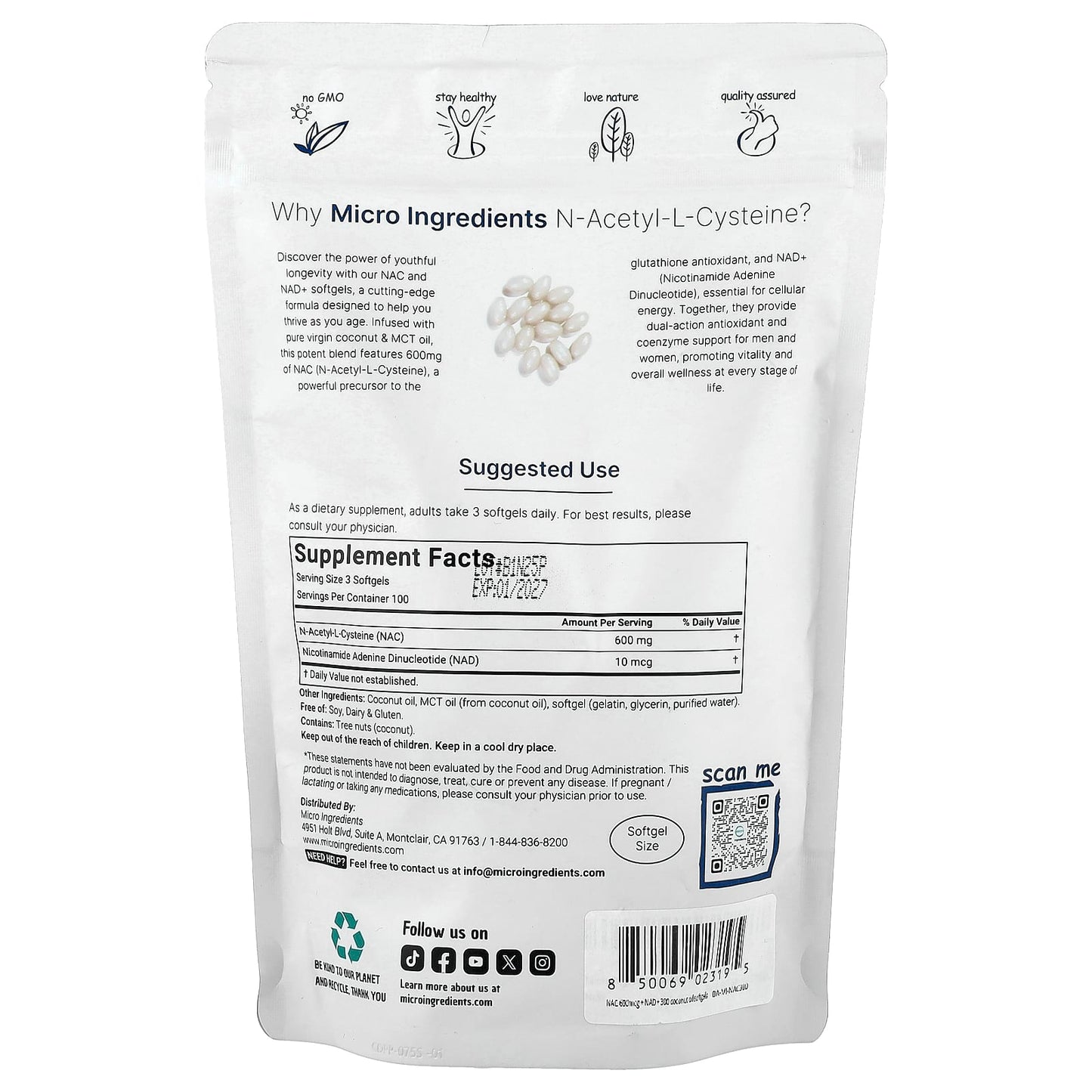 Micro Ingredients, NAC With NAD+, 300 Softgels - Image 2