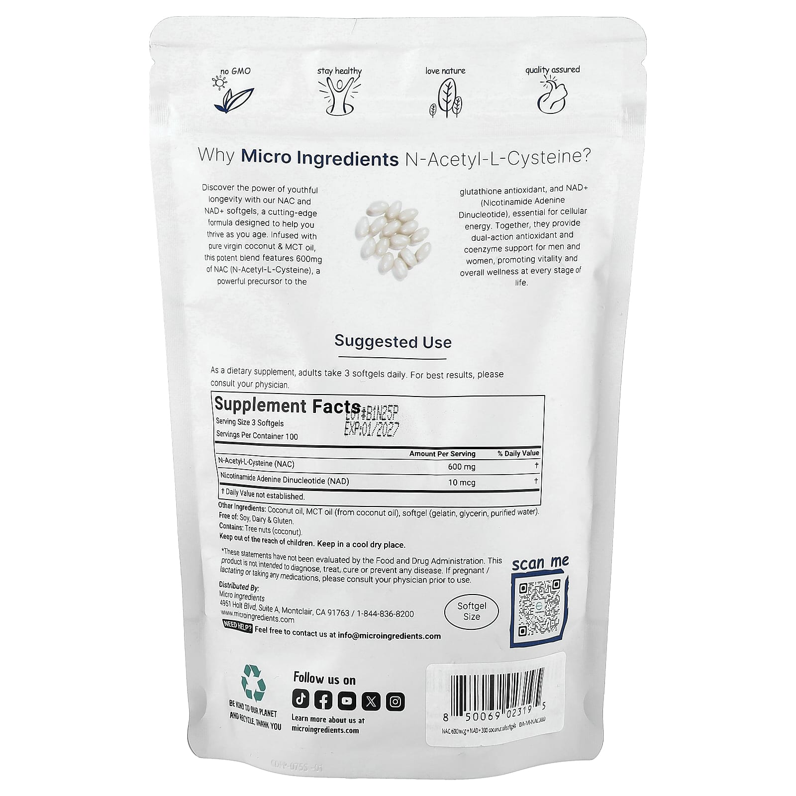 Micro Ingredients, NAC With NAD+, 300 Softgels - Image 2