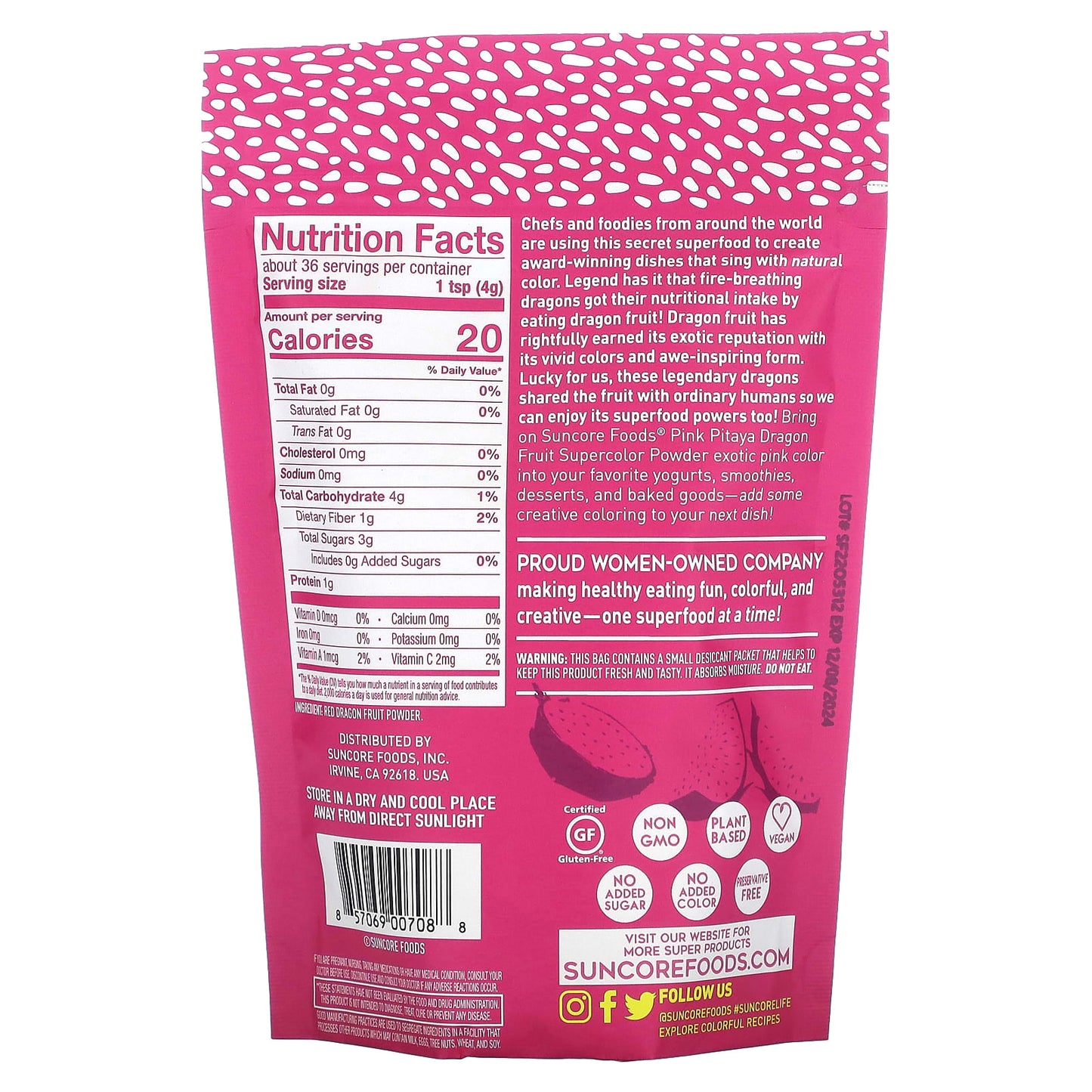 Suncore Foods, Pink Pitaya Supercolor Powder, Red Dragon Fruit, 5 oz (142 g) - Image 2
