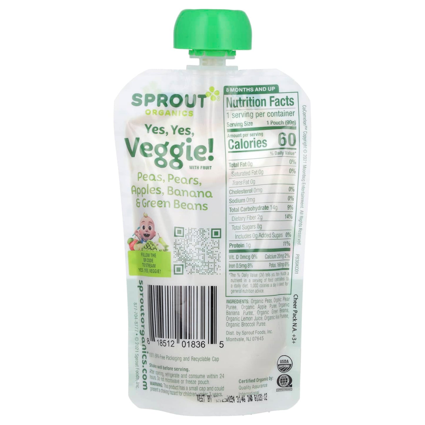 Sprout Organics, Cocomelon, Organic Yes, Yes, Veggie with Fruit, 8 Months and Up, Pea, Pears, Apples, Banana & Green Beans, 3.5 oz (99 g) - Image 2