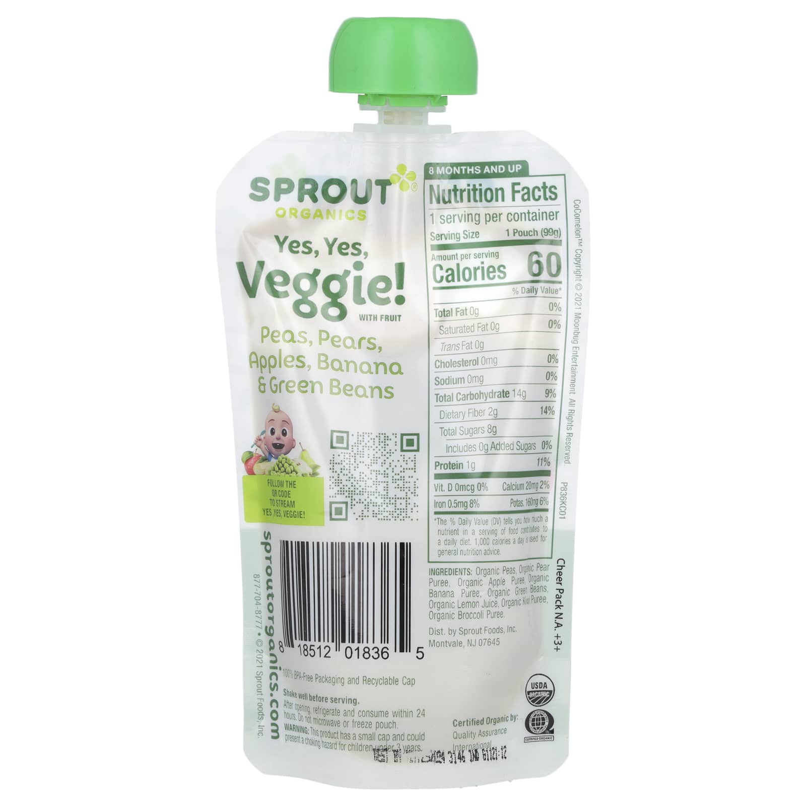 Sprout Organics, Cocomelon, Organic Yes, Yes, Veggie with Fruit, 8 Months and Up, Pea, Pears, Apples, Banana & Green Beans, 3.5 oz (99 g) - Image 2