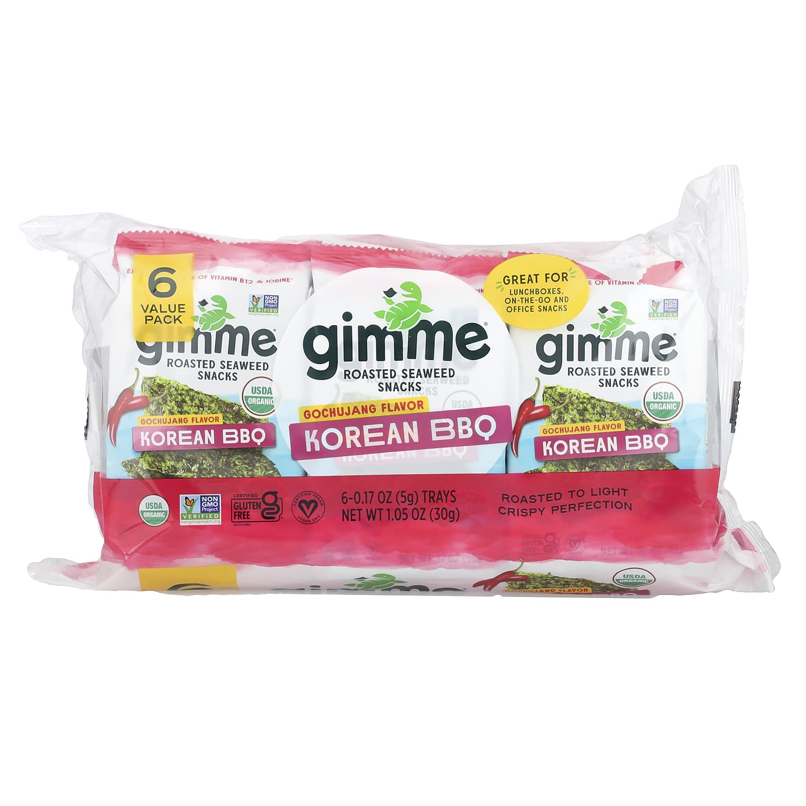 GimMe Organic Korean BBQ Seaweed Snacks, USDA Certified, 6 Packs - Image 1