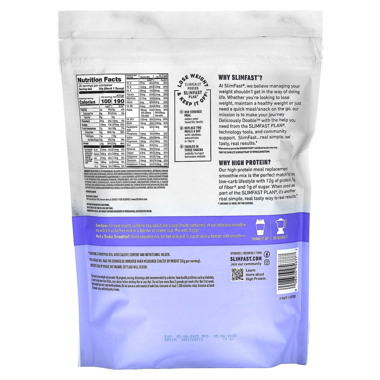 SlimFast, High Protein, Meal Replacement Smoothie Mix, Vanilla Cream, 1.49 lb (676 g) - Image 2