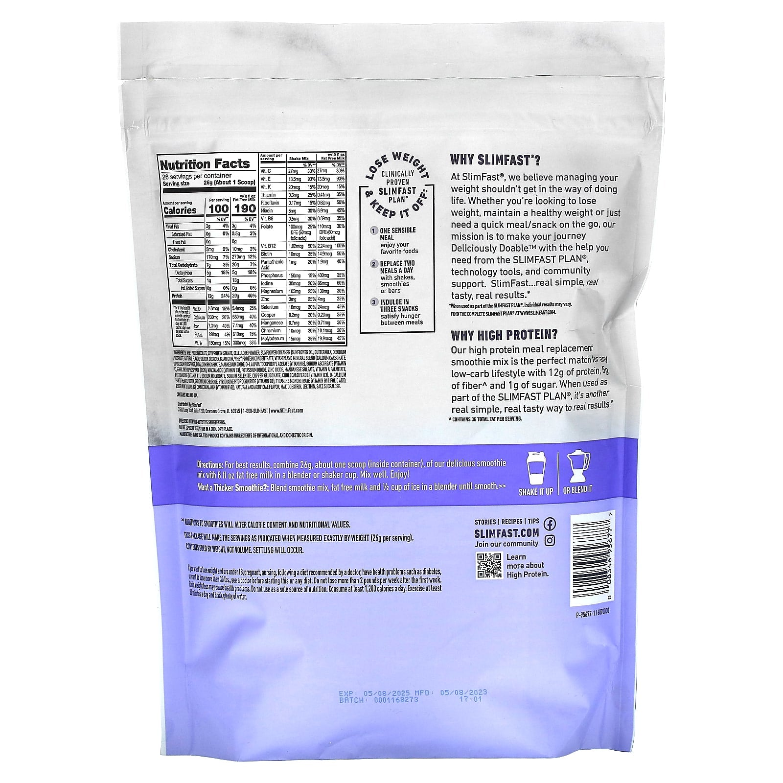 SlimFast, High Protein, Meal Replacement Smoothie Mix, Vanilla Cream, 1.49 lb (676 g) - Image 2