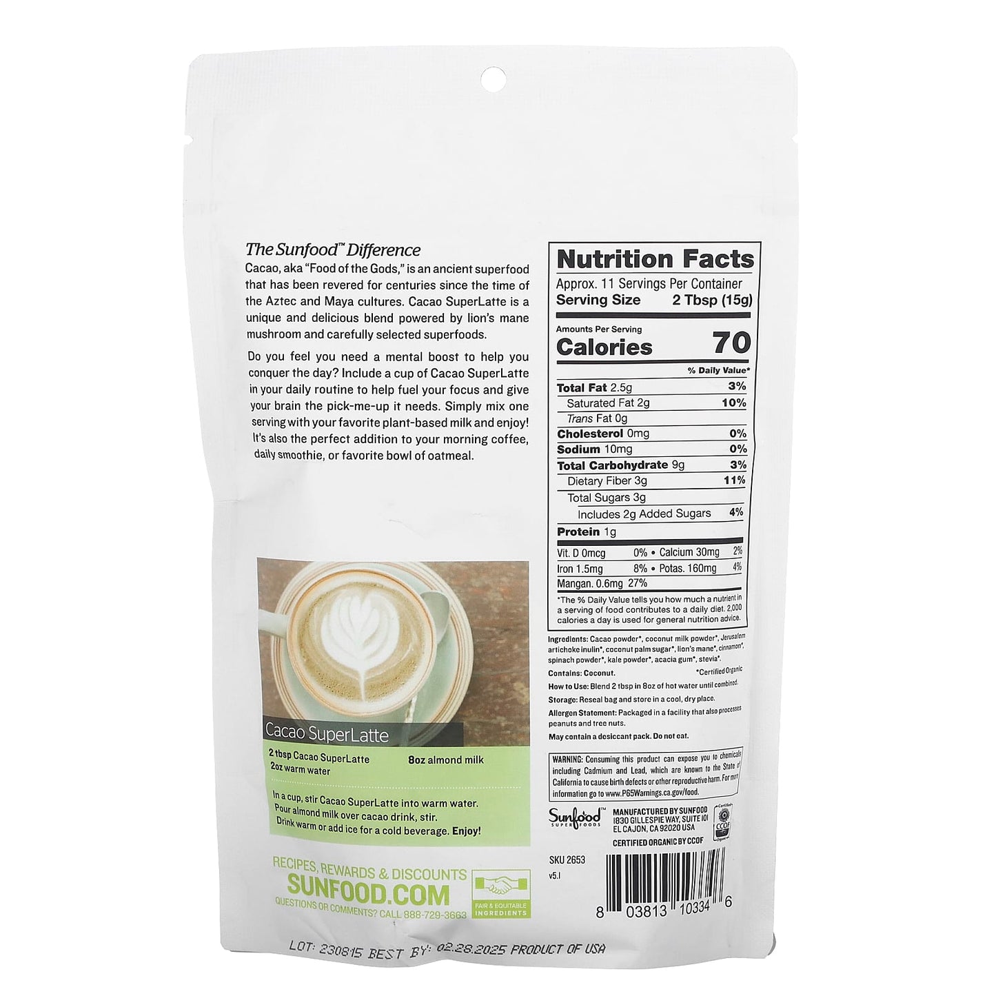 Sunfood, Organic Cacao Superlatte, 6 oz (170 g) - Image 2