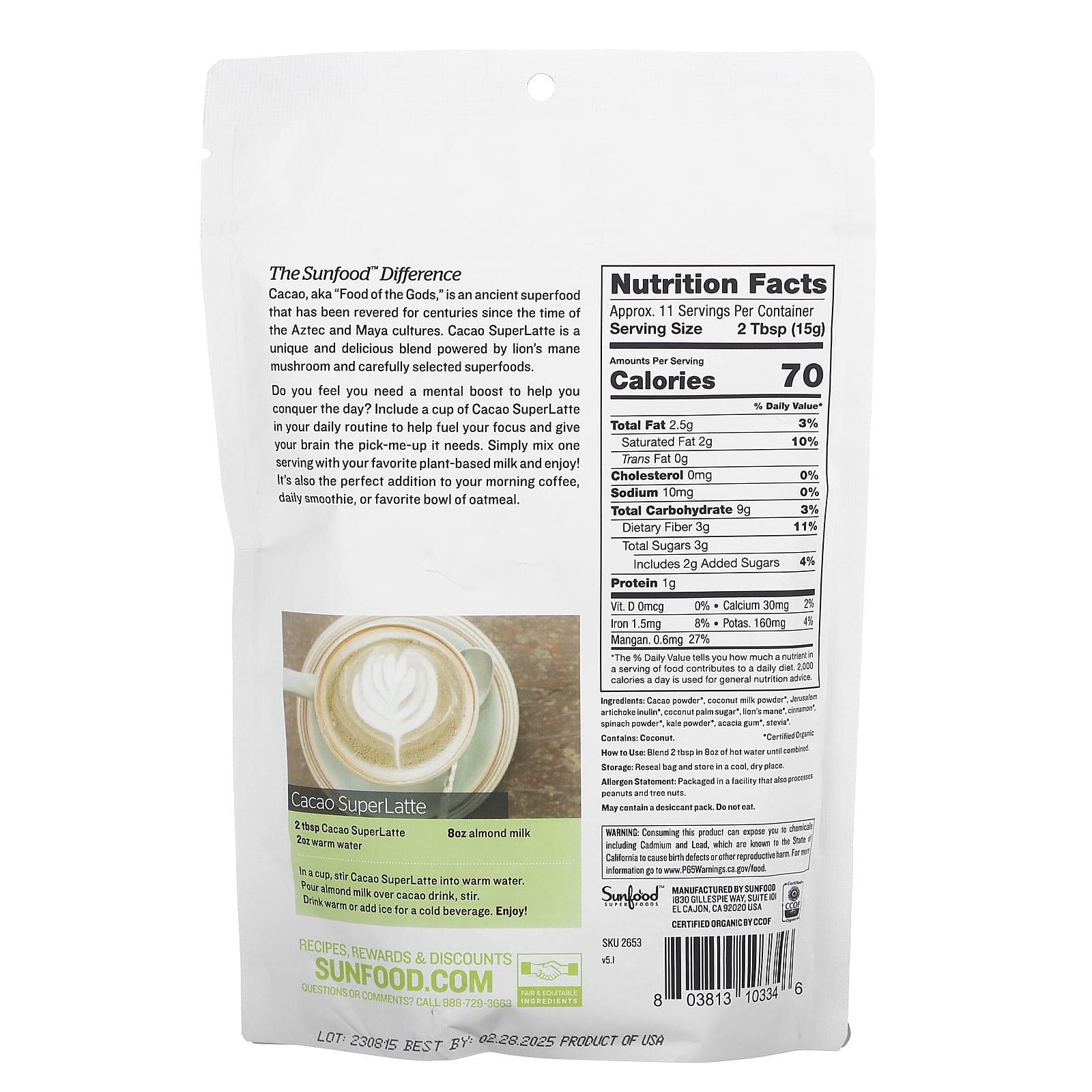 Sunfood, Organic Cacao Superlatte, 6 oz (170 g) - Image 2