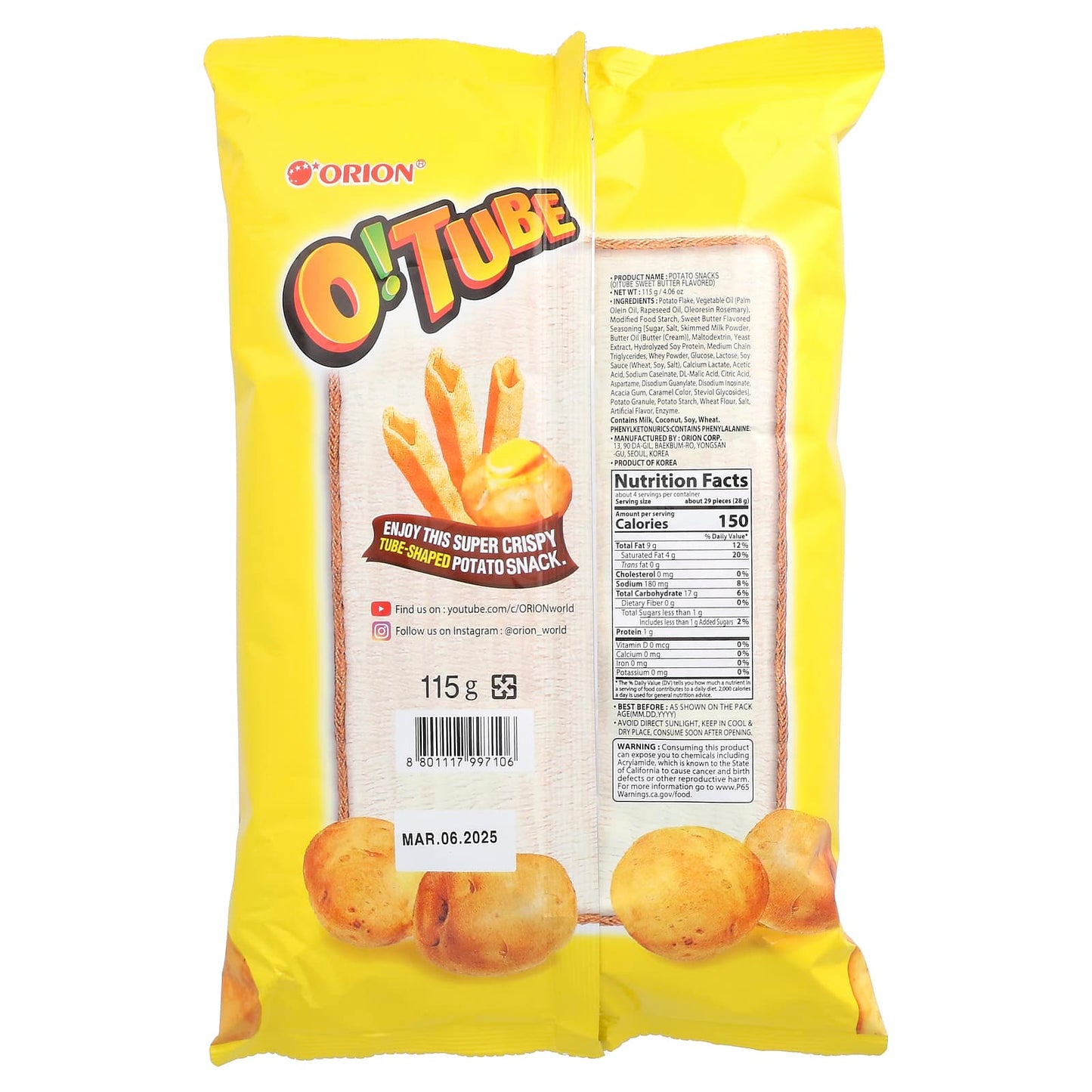 Orion, O! Tube, Potato Snacks, Sweet Butter, 4.06 oz (115 g) - Image 2