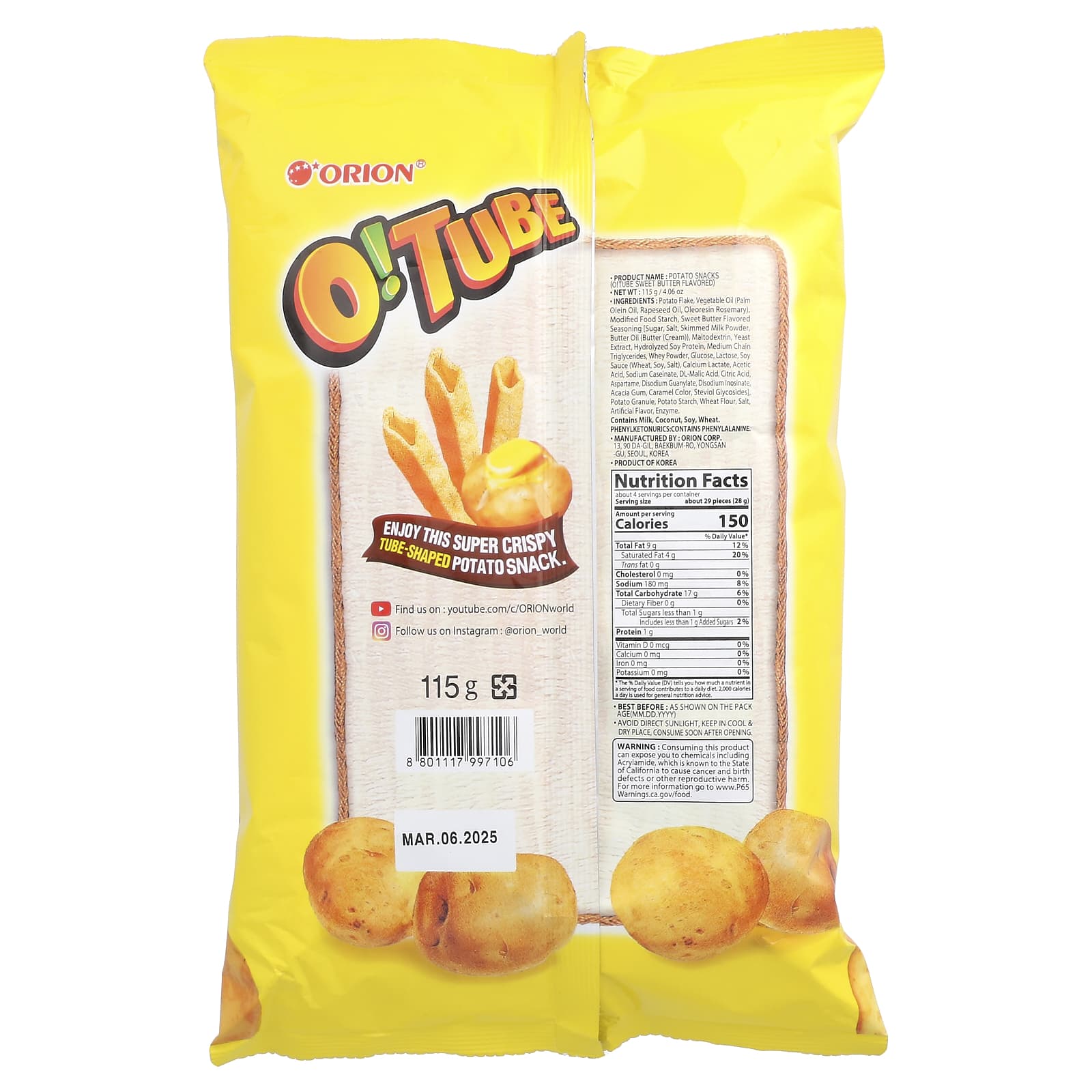Orion, O! Tube, Potato Snacks, Sweet Butter, 4.06 oz (115 g) - Image 2