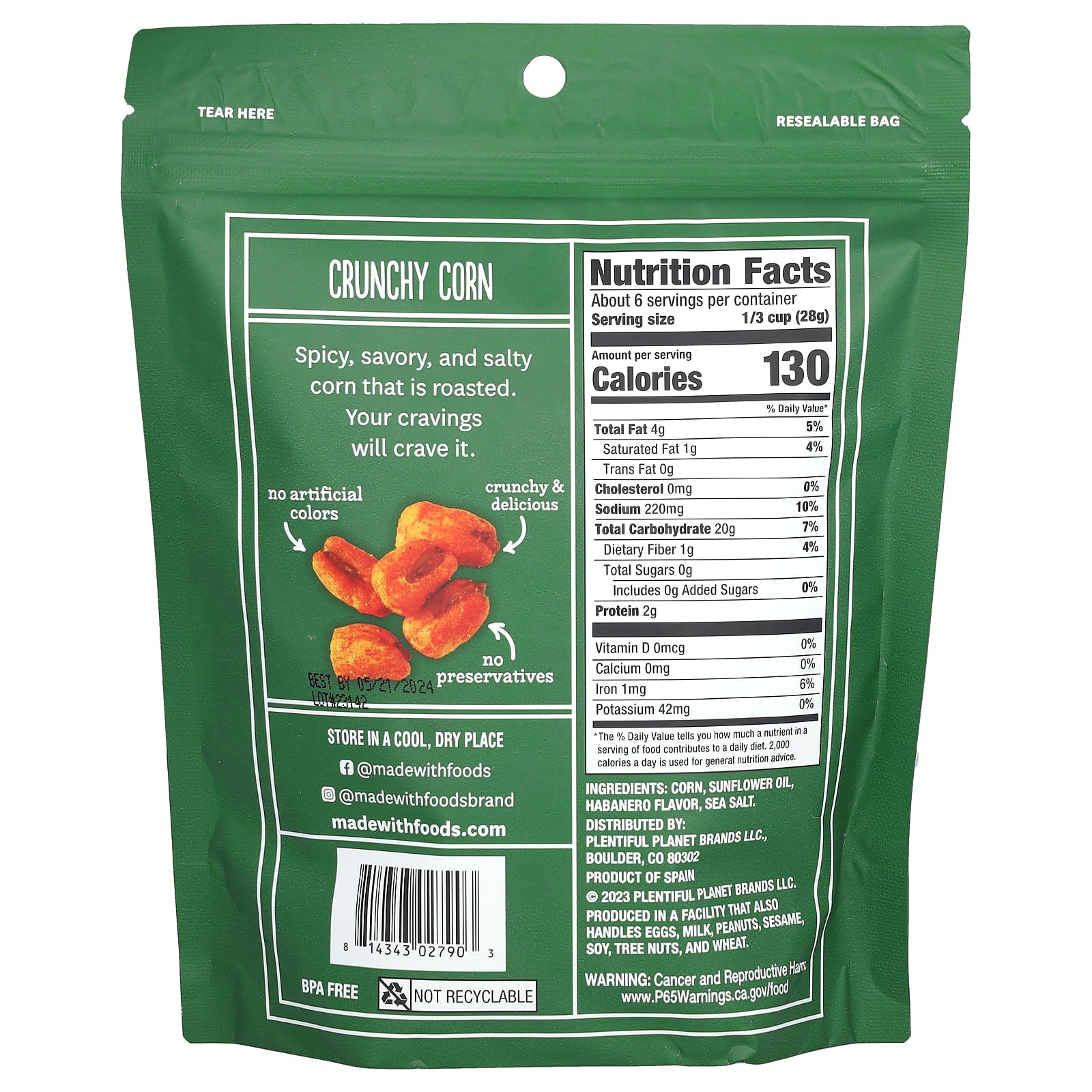 Made With, Vegan Crunchy Corn, Habanero, 6 oz (170 g) - Image 2
