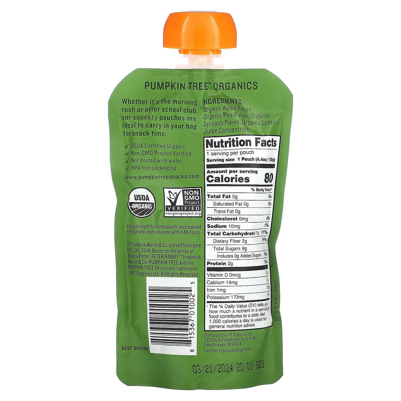 Pumpkin Tree Organics, Peter Rabbit Organics, Organic Fruit & Vegetable Puree, Apple, Pea & Spinach, 4.4 oz (125 g) - Image 2