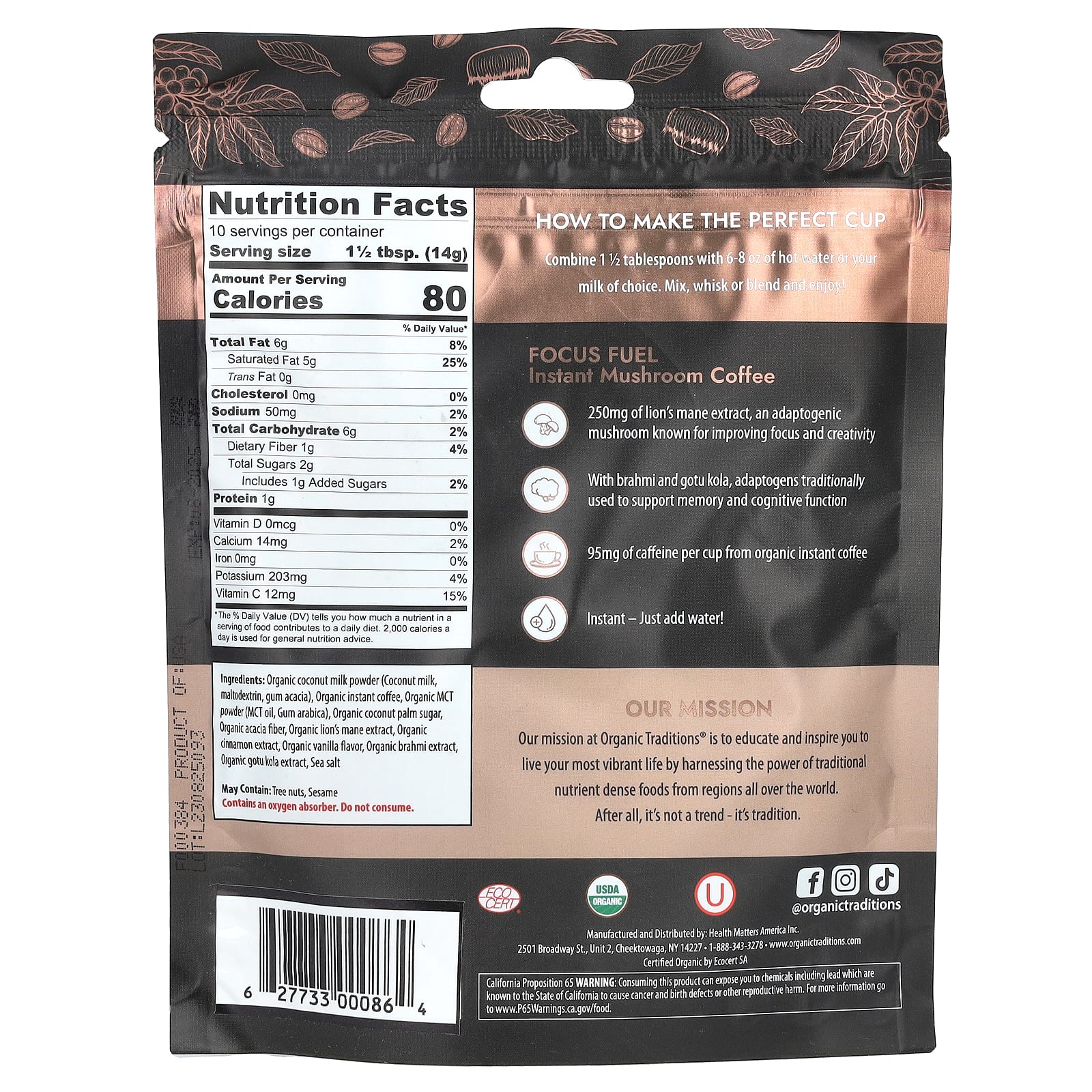 Organic Traditions, Instant Mushroom Coffee, Focus Fuel, 5 oz (140 g) - Image 2
