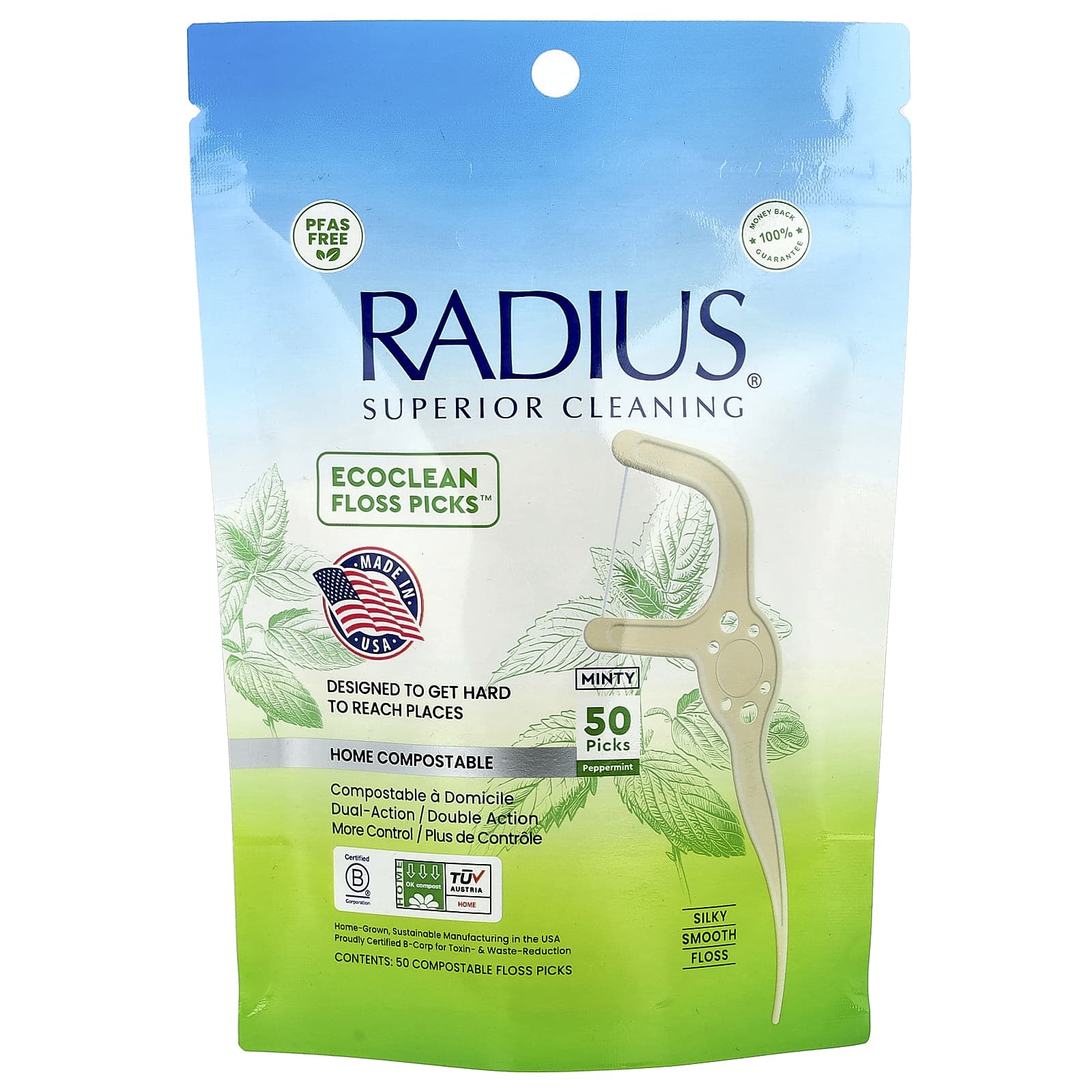 RADIUS, EcoClean Floss Picks™, Minty Peppermint, 50 Compostable Floss Picks - Image 1