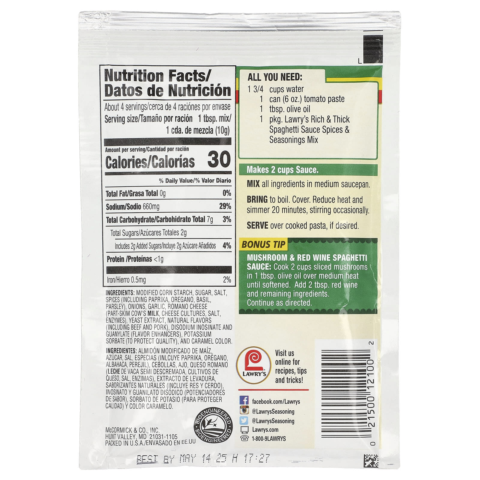 Lawry's, Extra Rich & Thick Spaghetti Sauce, Spices & Seasonings Mix, 1.42 oz (40 g)