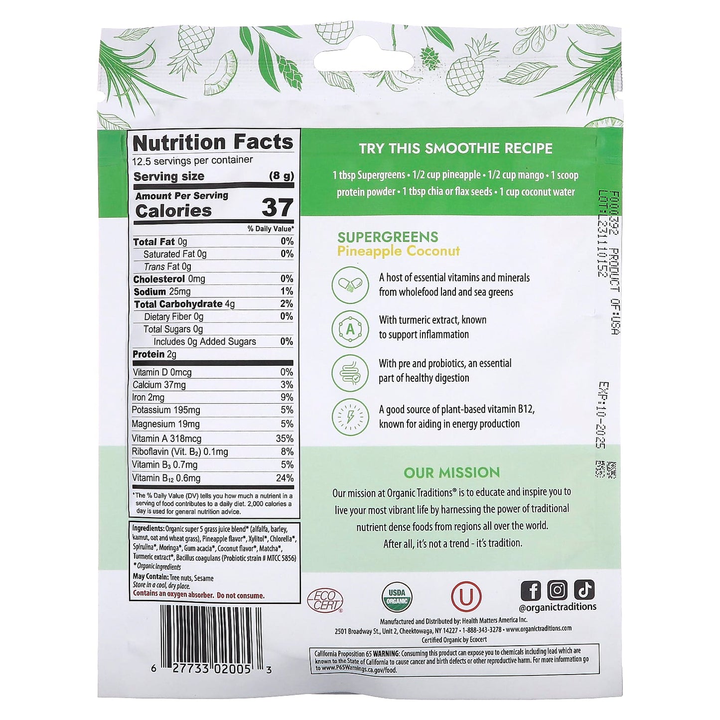 Organic Traditions, Supergreens, Pineapple Coconut, 3.5 oz (100 g) - Image 2