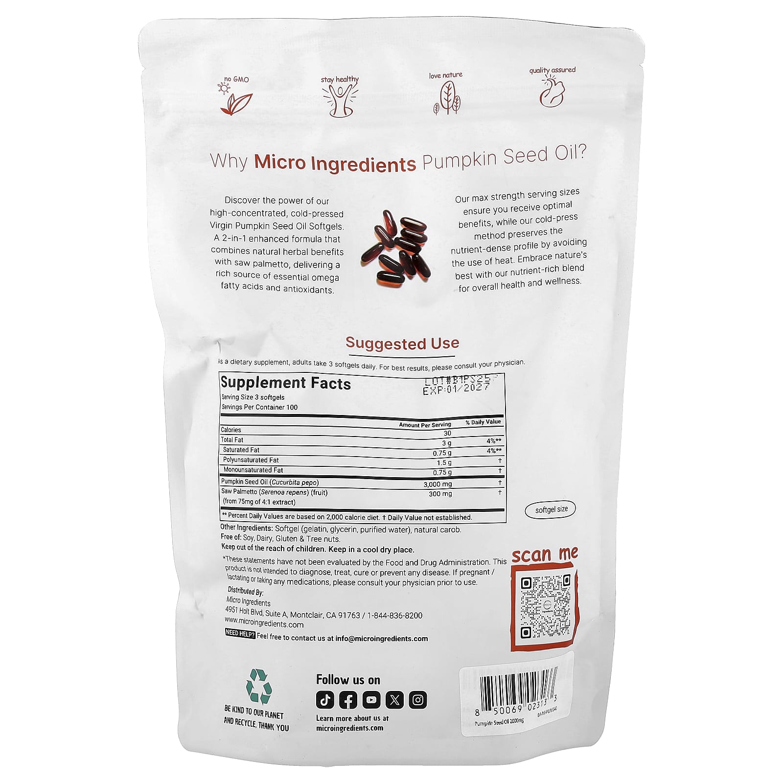 Micro Ingredients, Pumpkin Seed Oil, 300 Softgels