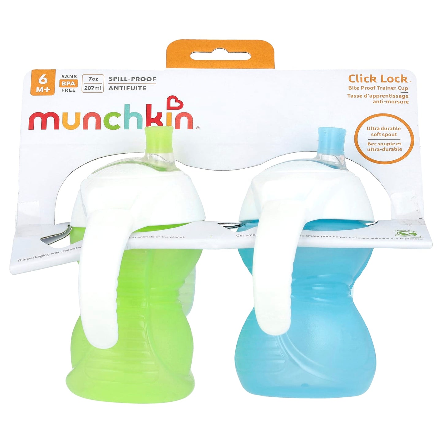 Munchkin, Click Lock™, Bite Proof Trainer Cup, 6 Months+, Light Green & Light Blue, 2 Count, 7 oz (207 ml) Each - Image 1