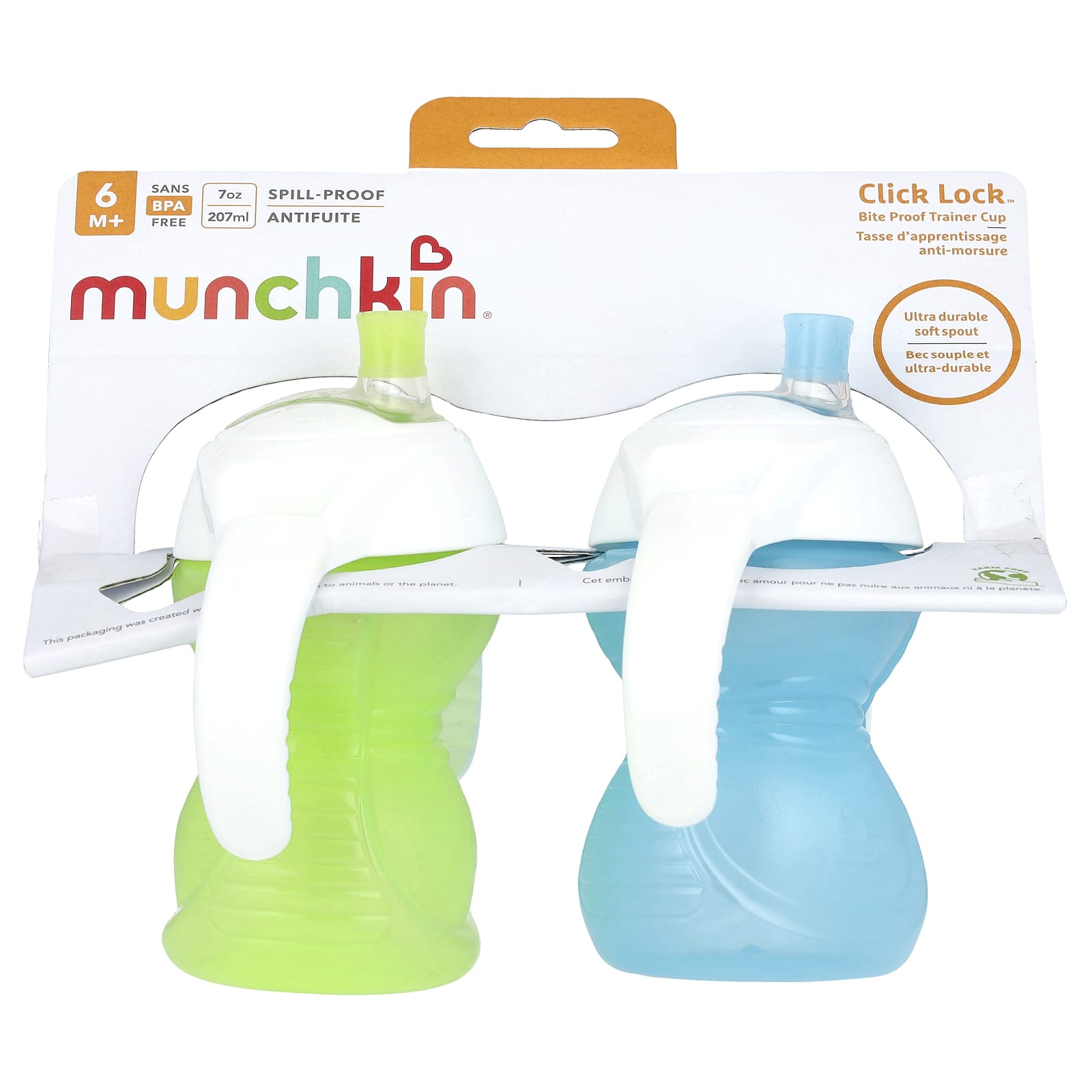 Munchkin, Click Lock™, Bite Proof Trainer Cup, 6 Months+, Light Green & Light Blue, 2 Count, 7 oz (207 ml) Each - Image 1