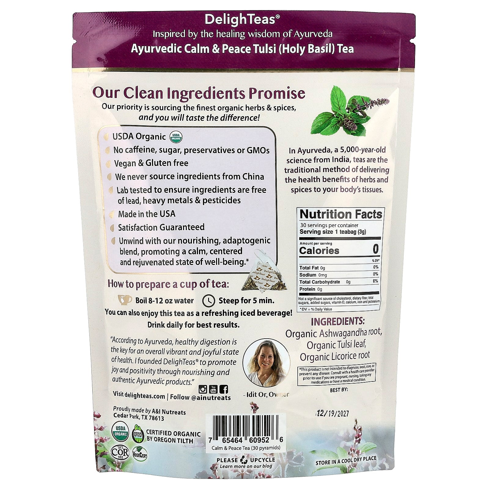 DelighTeas, Ayurvedic Calm & Peace Tulsi (Holy Basil) Tea, Caffeine Free, 30 Luxury Pyramid Tea Bags, 3.2 oz (90 g)